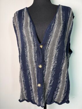 Vintage Ramie Cotton Sweater Vest Gray Navy Striped Sz L 90s